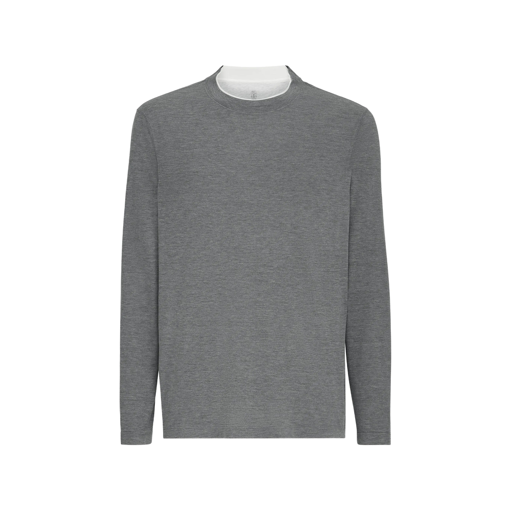 Brunello Cucinelli Silk And Cotton Lightweight Jersey Long Sleeve Crew Neck T-shirt With Contrast Detail