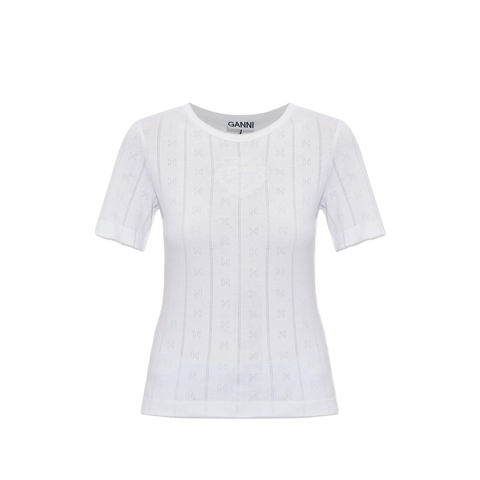 Ganni Pointelle-knit Logo-patch T-shirt