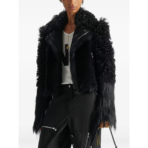 Fendi Black Patchwork Shearling Biker Jacket