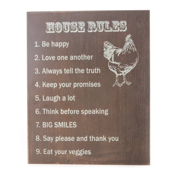 Gisela Graham Wooden Hen Print House Rules Plaque, Mollie and Fred