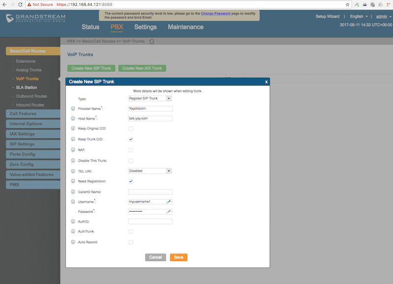 Set up a "Register SIP Trunk" on the Grandstream UCM