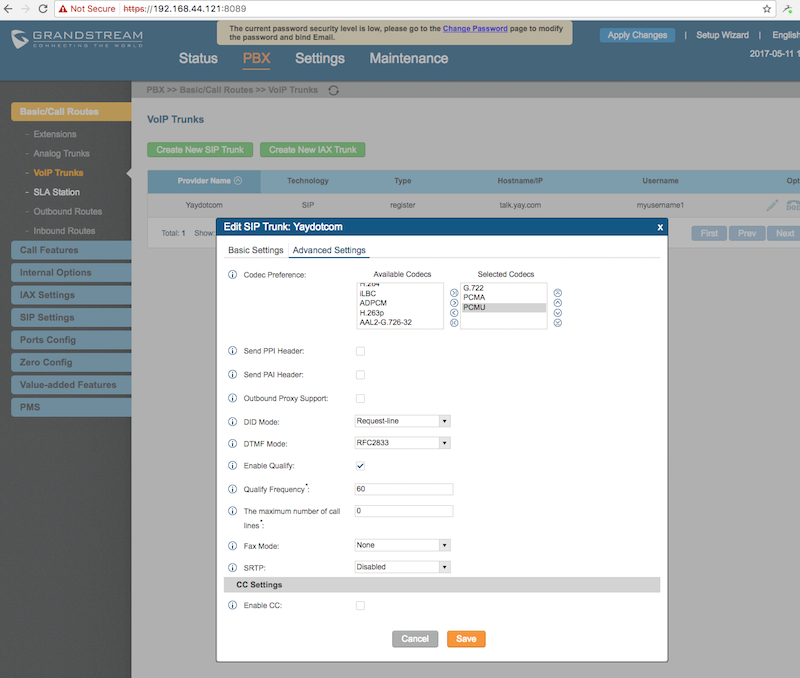 Edit the advanced settings on your SIP Trunk