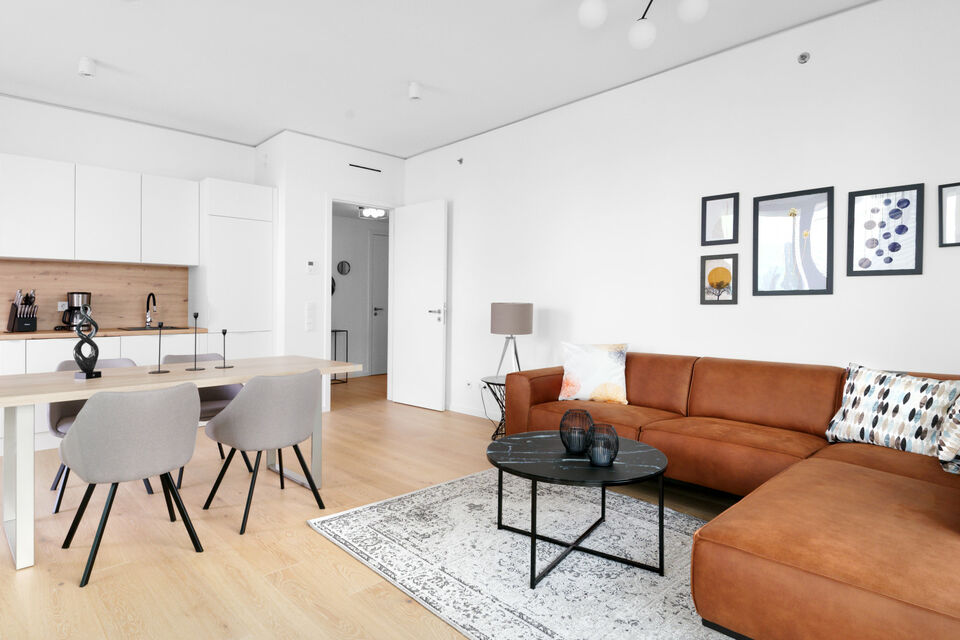 Möblierte Wohnung, Wohnzimmer mit Ledersofa in Frankfurt Ostend