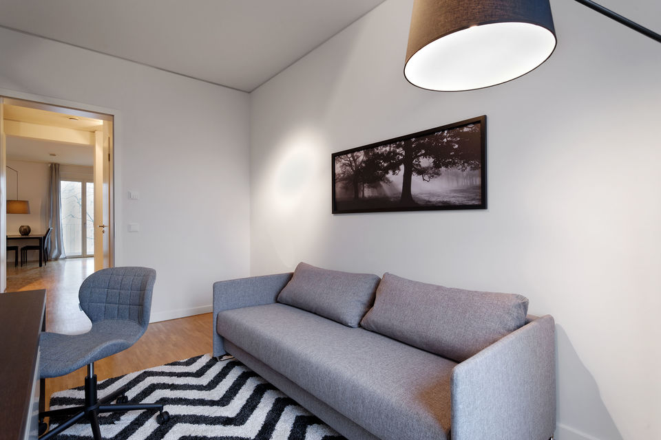 Furnished apartment, living room with modern design sofa in Berlin Charlottenburg