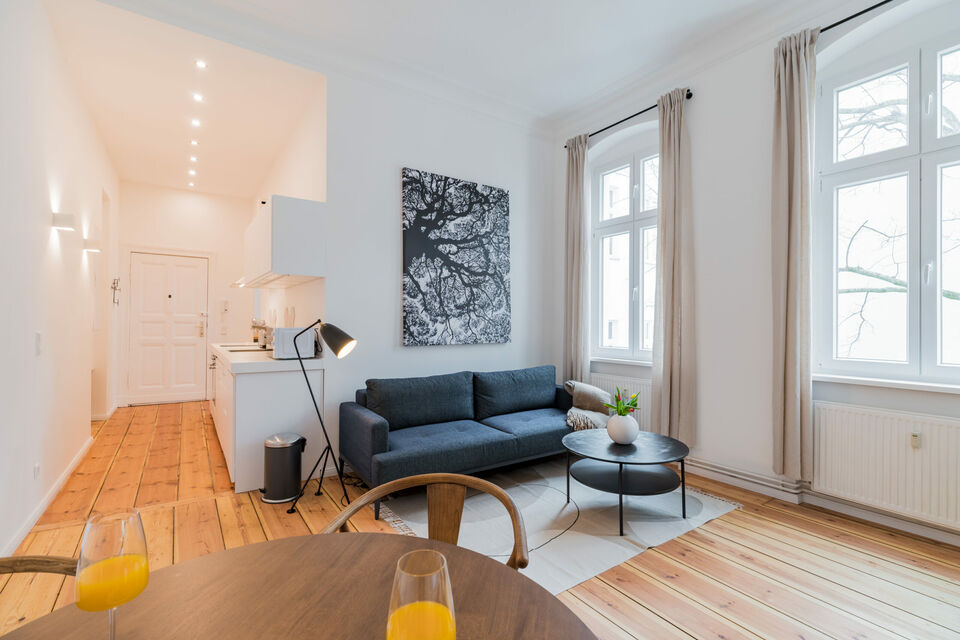Furnished apartment, living room with natural light windows in Berlin Mitte