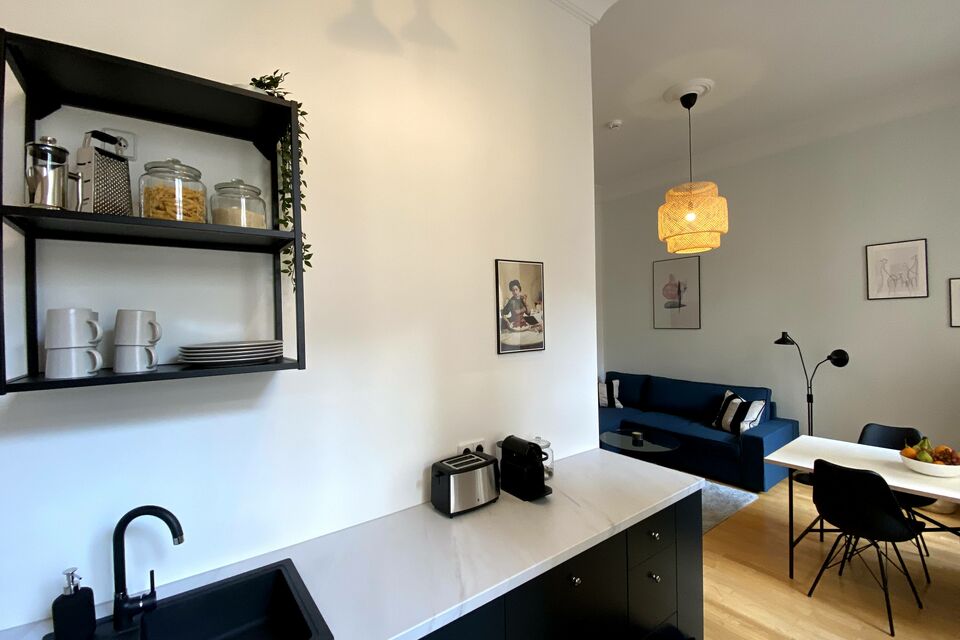 Möblierte Wohnung, Küche mit offenen Regalen in Berlin Prenzlauer Berg