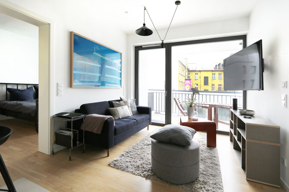 Furnished apartment, living room with balcony view in Berlin Mitte