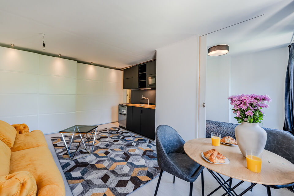 Furnished apartment, living room with geometric tile flooring in Berlin Kreuzberg