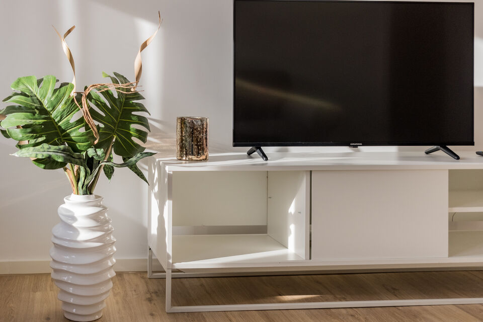 Furnished apartment, living room with modern TV unit in Berlin Friedrichshain