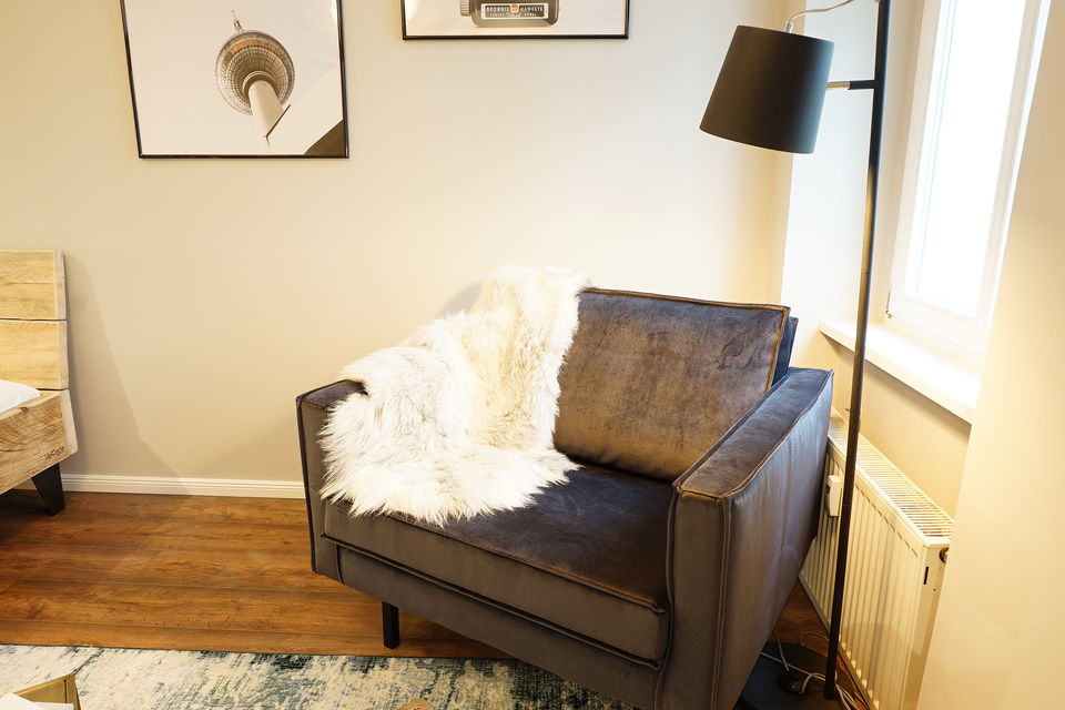 Furnished apartment, living room with leather sofa in Berlin Prenzlauer Berg