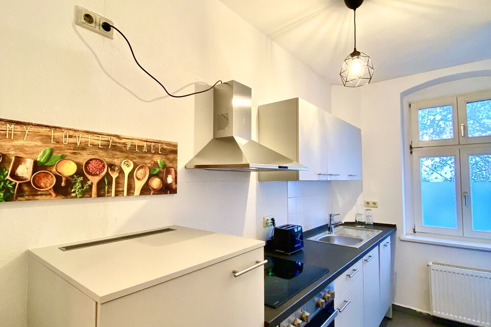 Furnished apartment, kitchen with large windows in Berlin Lichtenberg