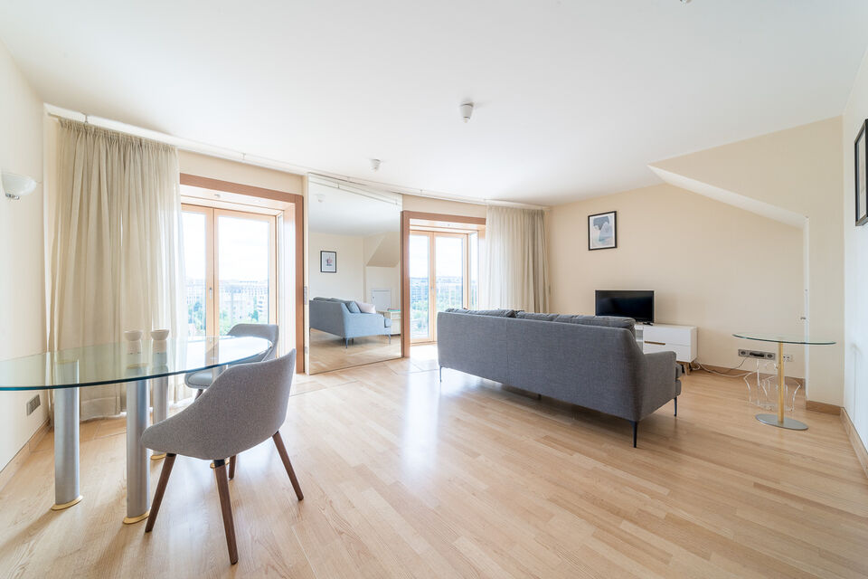 Furnished apartment, living room with panoramic windows in Berlin Mitte