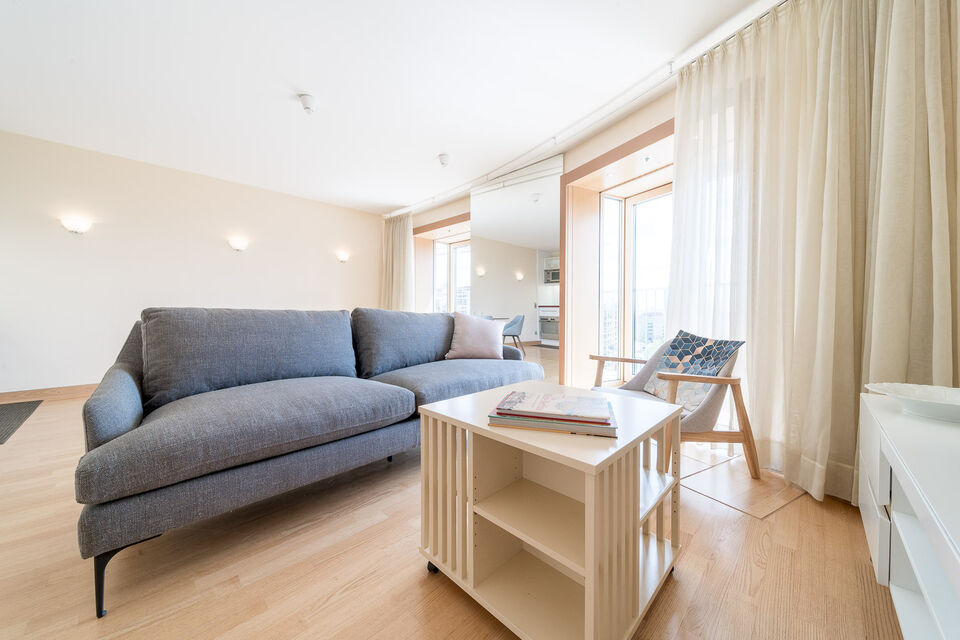 Furnished apartment, living room with designer sofa in Berlin Mitte