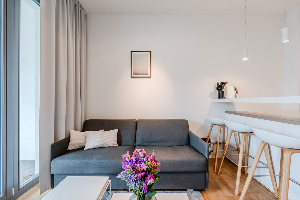 Furnished apartment, living room with gray sofa in Berlin Mitte