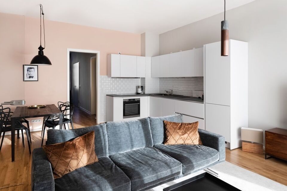 Furnished apartment, living room with open kitchen in Leipzig Gohlis