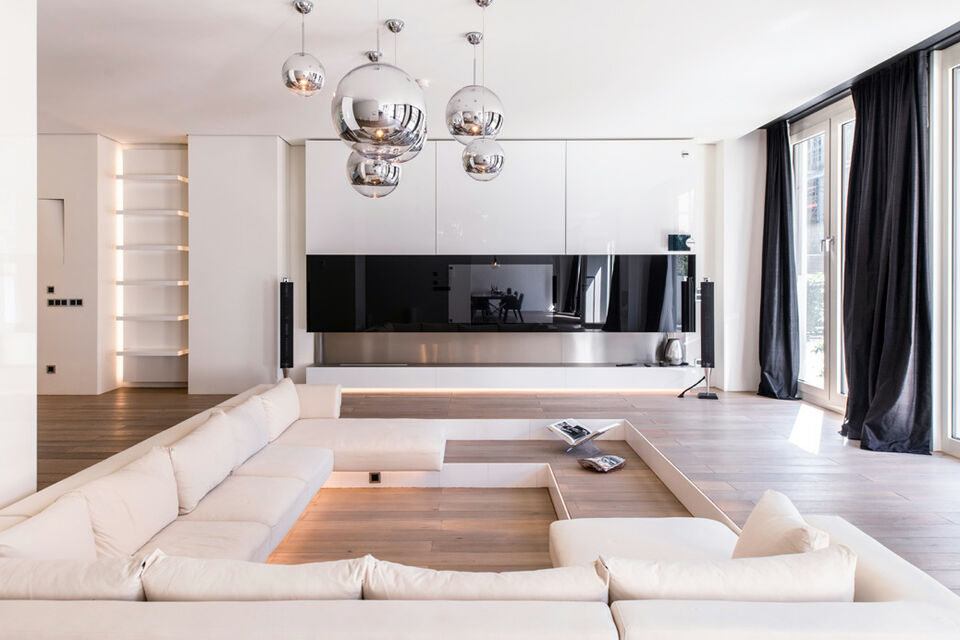 Furnished apartment, living room with designer pendant lights in Berlin Mitte
