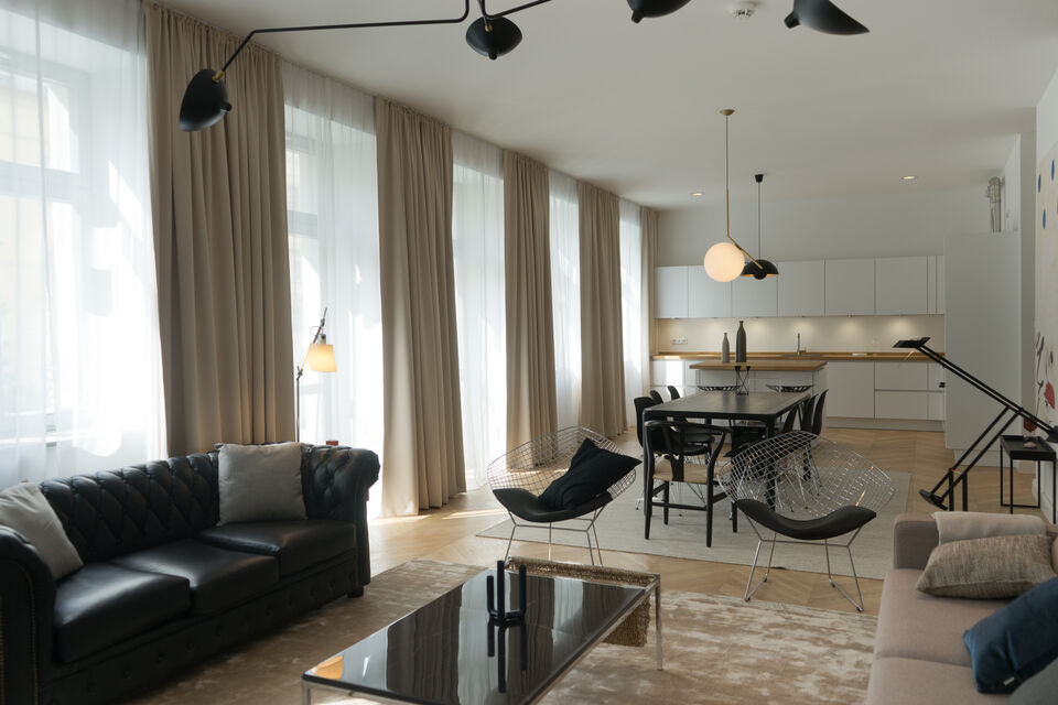 Furnished apartment, living room with panoramic windows in Berlin Mitte