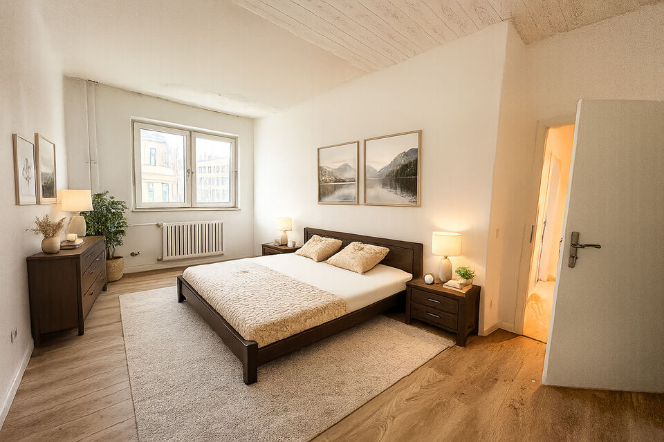 Möblierte Wohnung, Schlafzimmer mit Holzparkett in Berlin Kreuzberg