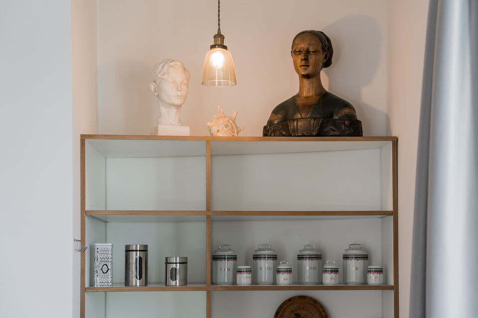 Furnished apartment, living room with designer shelving in Berlin Mitte