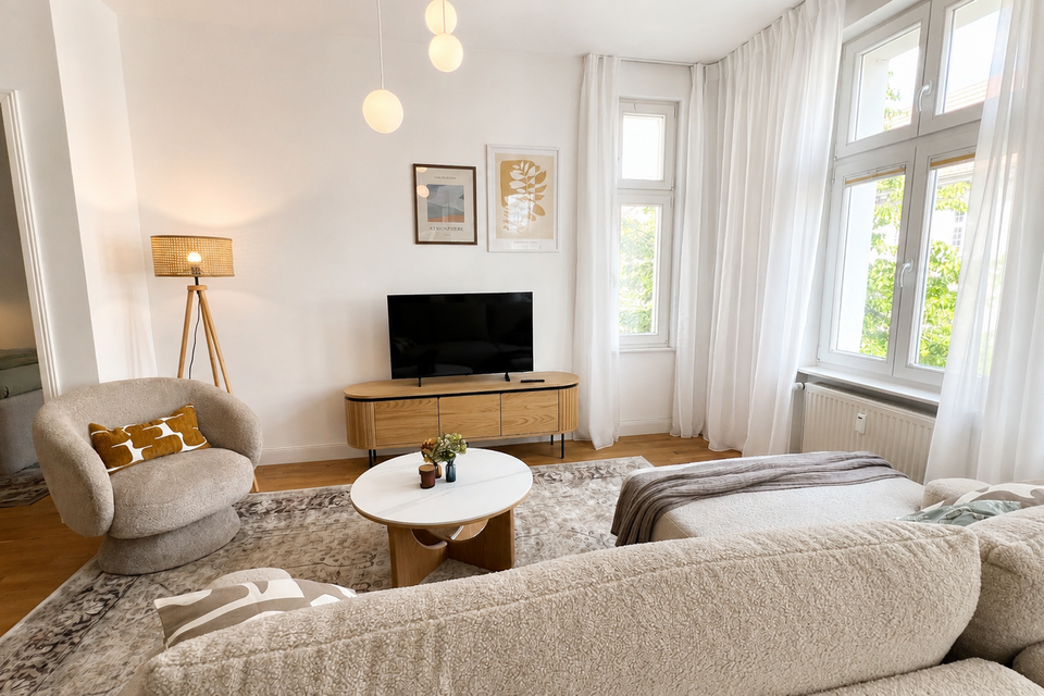 Furnished apartment, living room with wooden furniture in Berlin Mitte