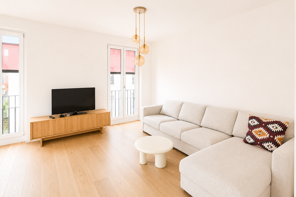 Möblierte Wohnung, Wohnzimmer mit Ecksofa in Berlin Mitte