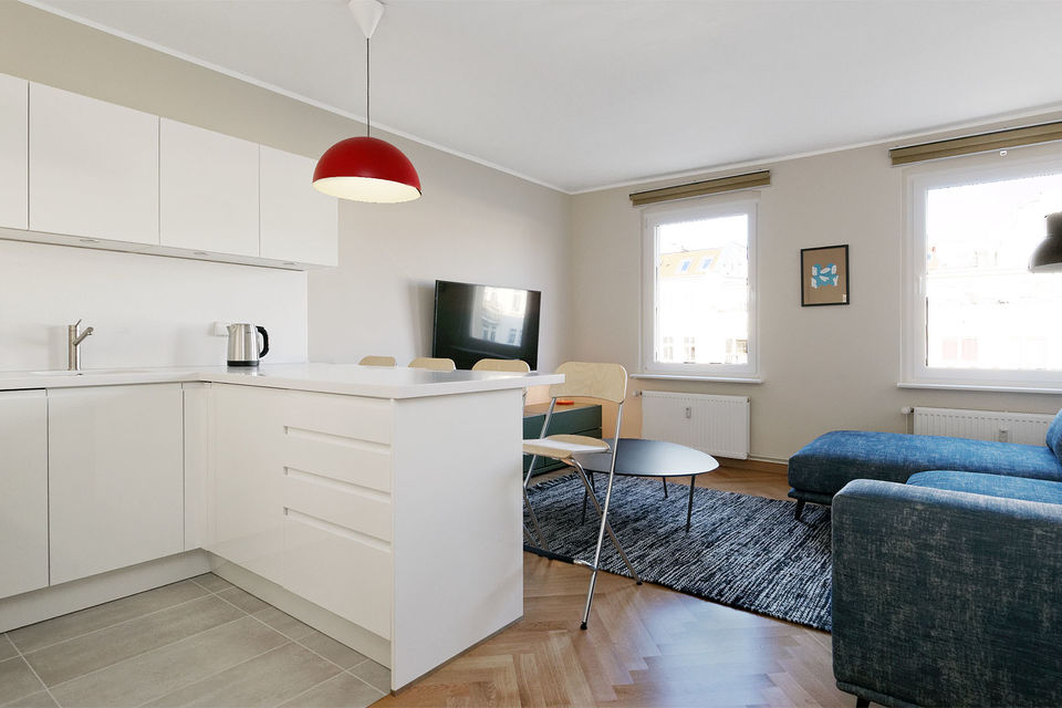 Furnished apartment, living room with open kitchen in Berlin Mitte
