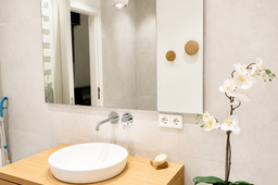 Möblierte Wohnung, Badezimmer mit rundem Waschbecken in Berlin Prenzlauer Berg