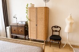 Möblierte Wohnung, Schlafzimmer mit Rattan-Kleiderschrank in Berlin Prenzlauer Berg