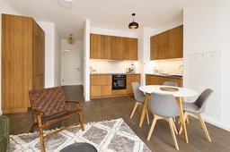 Möblierte Wohnung, Wohn- und Essbereich mit Holzküche in Berlin Mitte