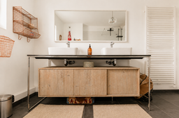 Furnished apartment, bathroom with wooden vanity in Berlin Friedrichshain