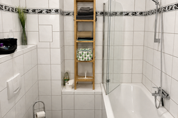 Furnished apartment, bathroom with shower and wooden shelf in Berlin Prenzlauer Berg