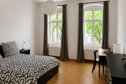 Furnished apartment, bedroom with double bed and park view in Berlin Prenzlauer Berg
