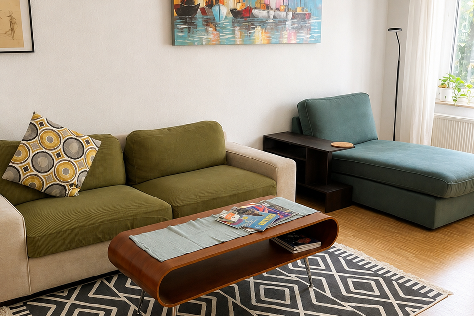 Furnished apartment, living room with colorful sofas in Berlin Prenzlauer Berg