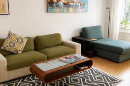 Furnished apartment, living room with colorful sofas in Berlin Prenzlauer Berg