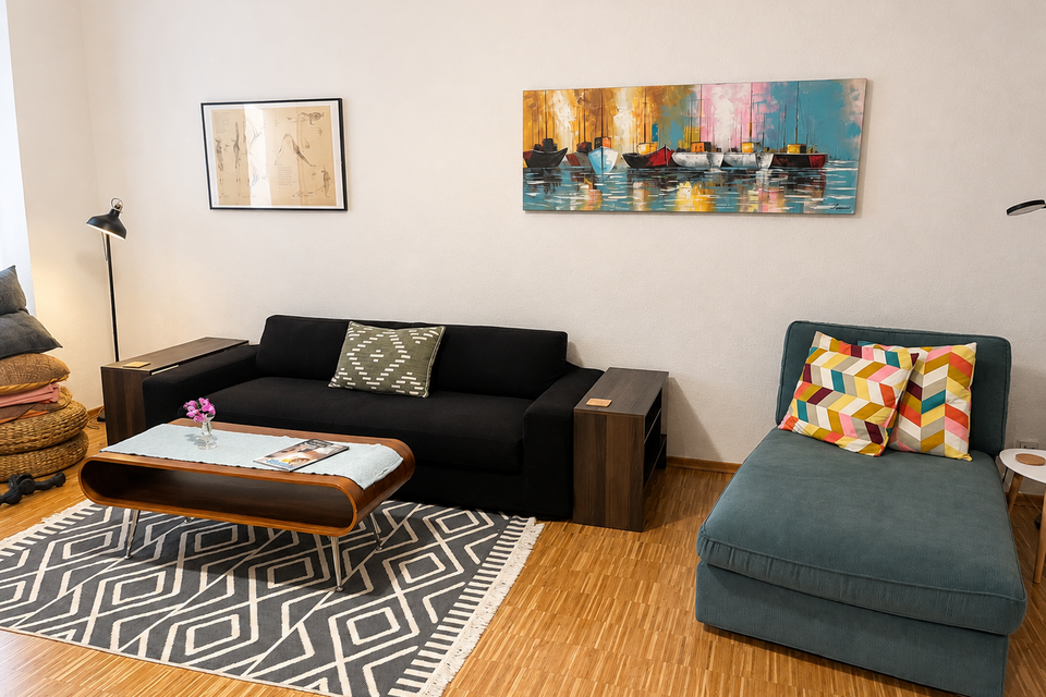 Furnished apartment, living room with black sofa in Berlin Prenzlauer Berg