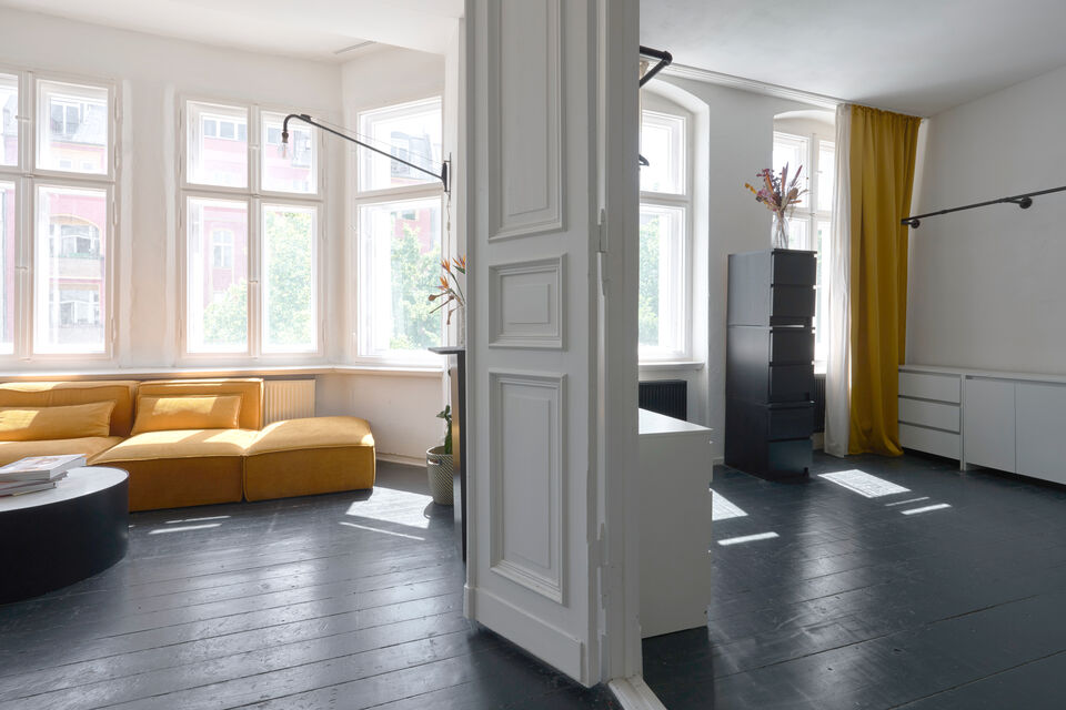 Furnished apartment, living room with designer sofa in Berlin Kreuzberg