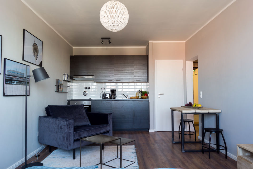 Furnished apartment, living room with open kitchen in Berlin Mitte