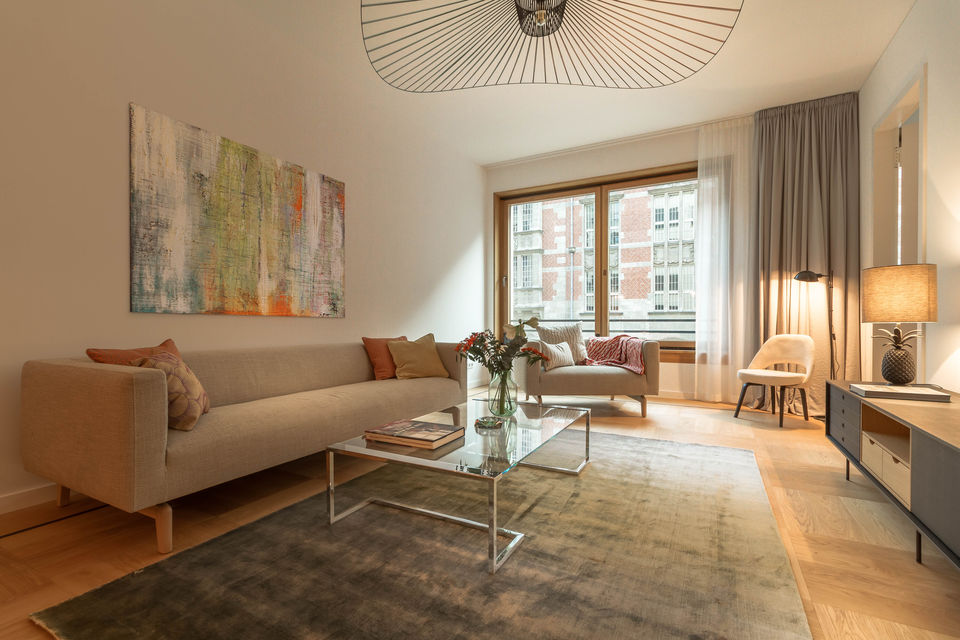 Furnished apartment, living room with panoramic windows in Berlin Mitte