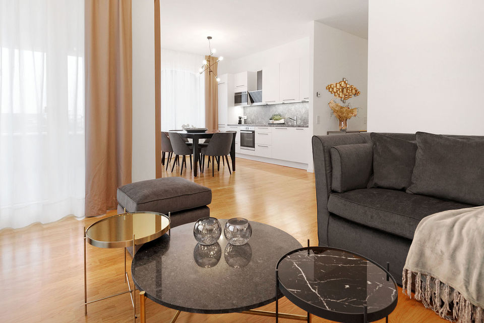 Furnished apartment, living room with modern marble table in Berlin Mitte