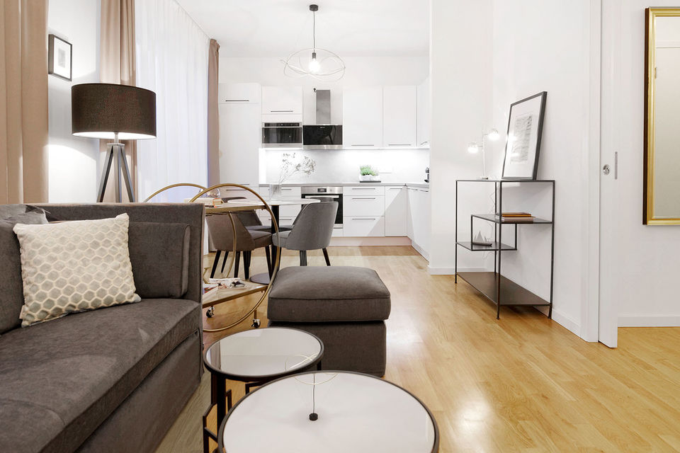 Furnished apartment, living room with open kitchen in Berlin Mitte