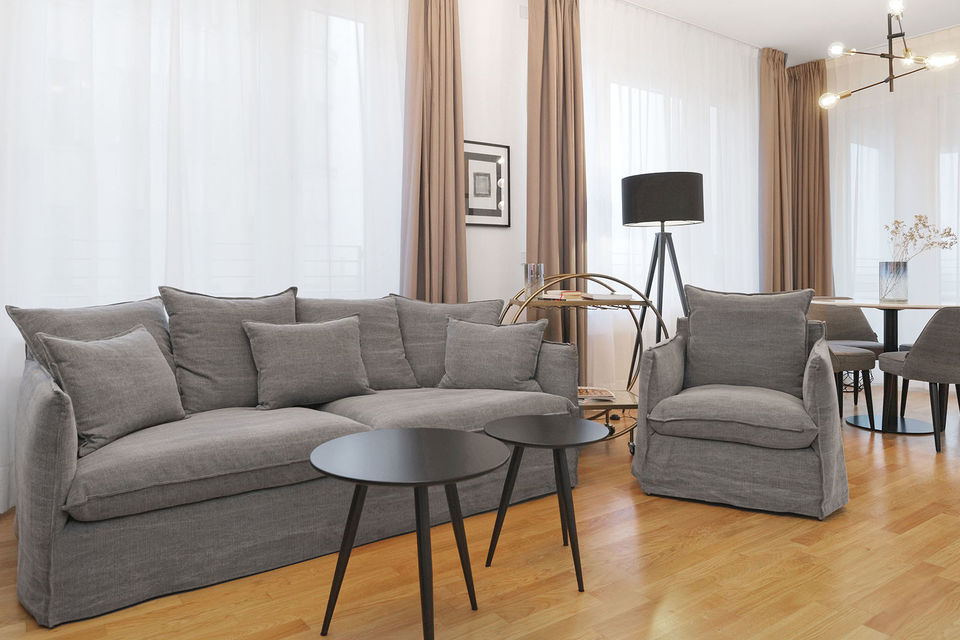 Furnished apartment, living room with designer furniture in Berlin Mitte