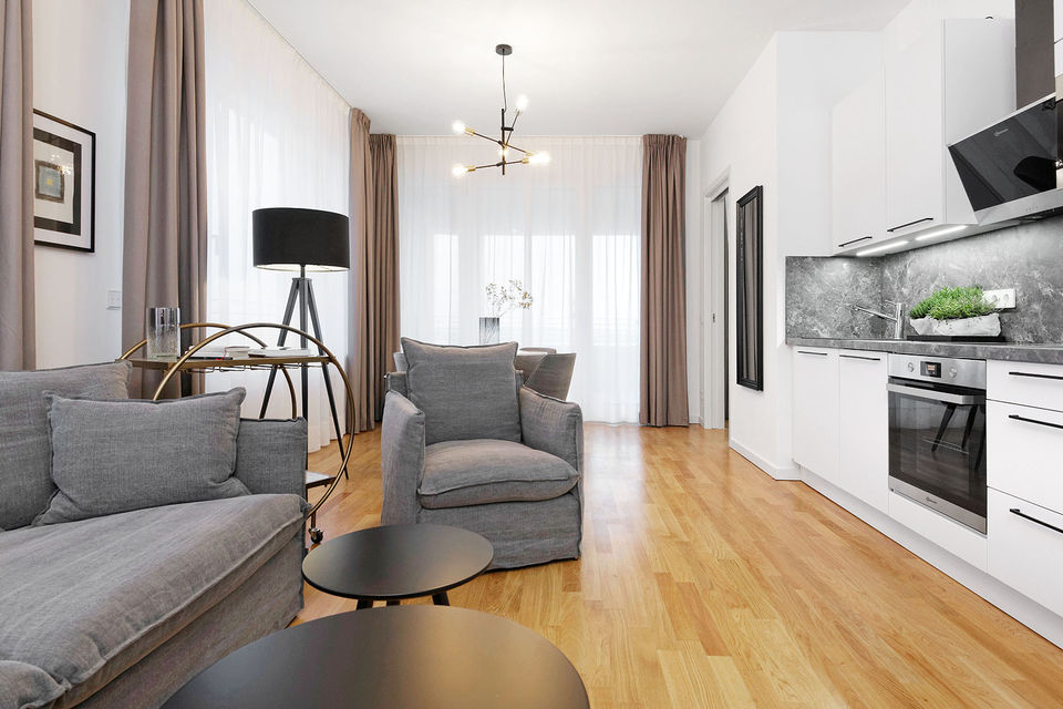Furnished apartment, living room with open kitchen in Berlin Mitte