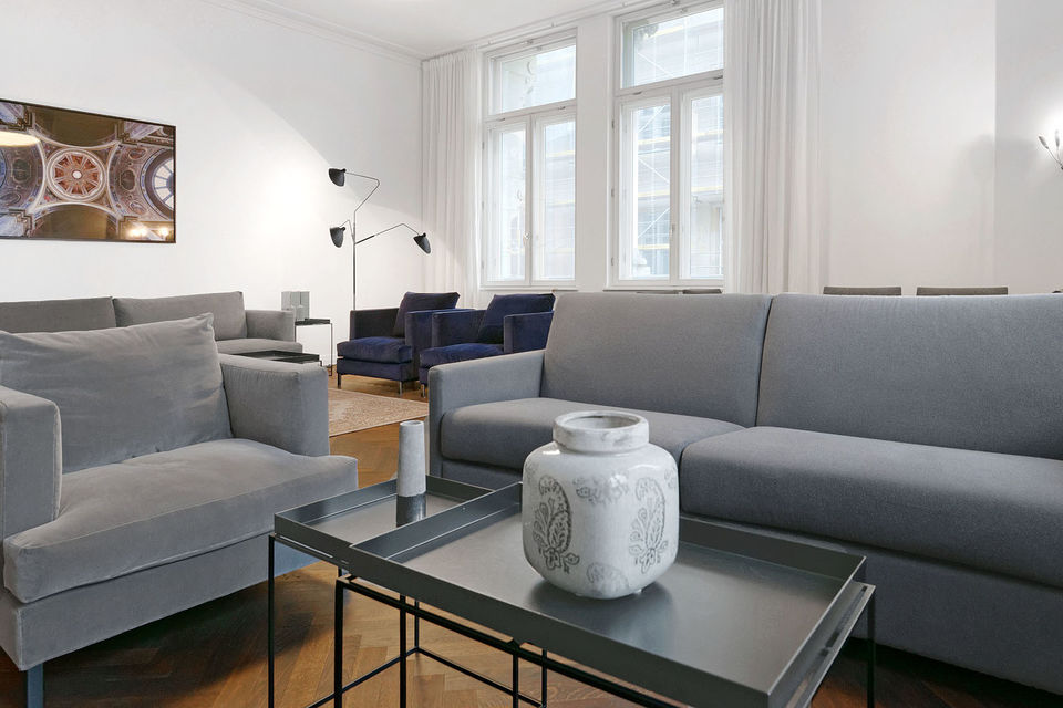 Furnished apartment, living room with large windows in Berlin Mitte