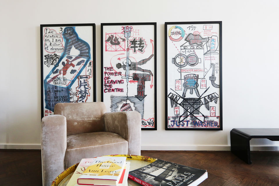 Furnished apartment, living room with contemporary art installation in Berlin Friedrichshain