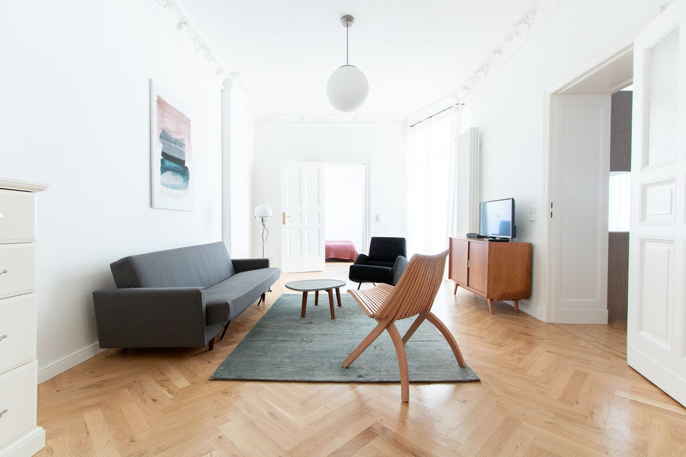 Furnished apartment, living room with herringbone parquet in Berlin Mitte