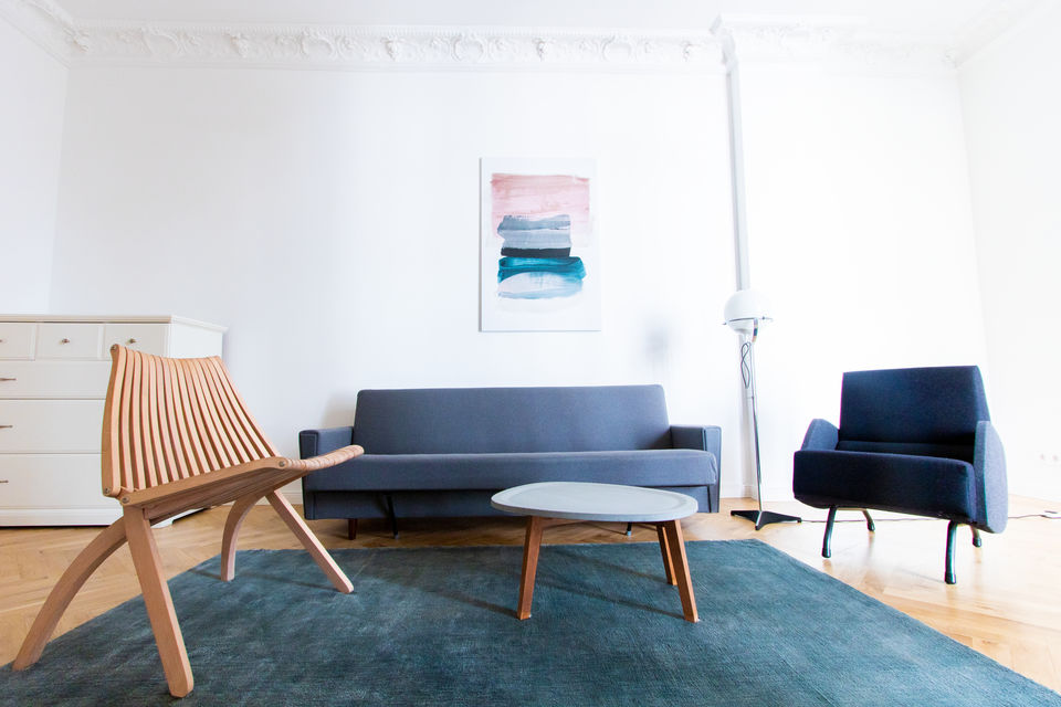 Furnished apartment, living room with designer furniture in Berlin Mitte