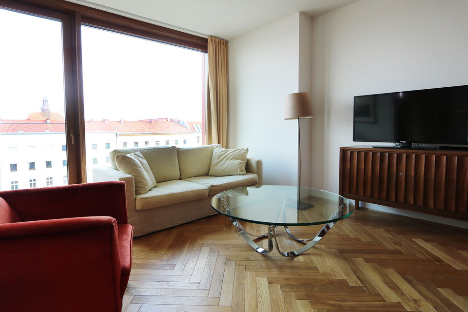 Furnished apartment, living room with panoramic windows in Berlin Prenzlauer Berg
