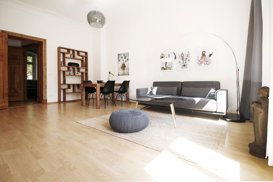 Furnished apartment, living room with parquet flooring in Berlin Friedrichshain