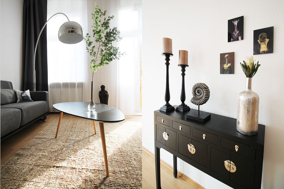 Furnished apartment, living room with black dresser in Berlin Friedrichshain