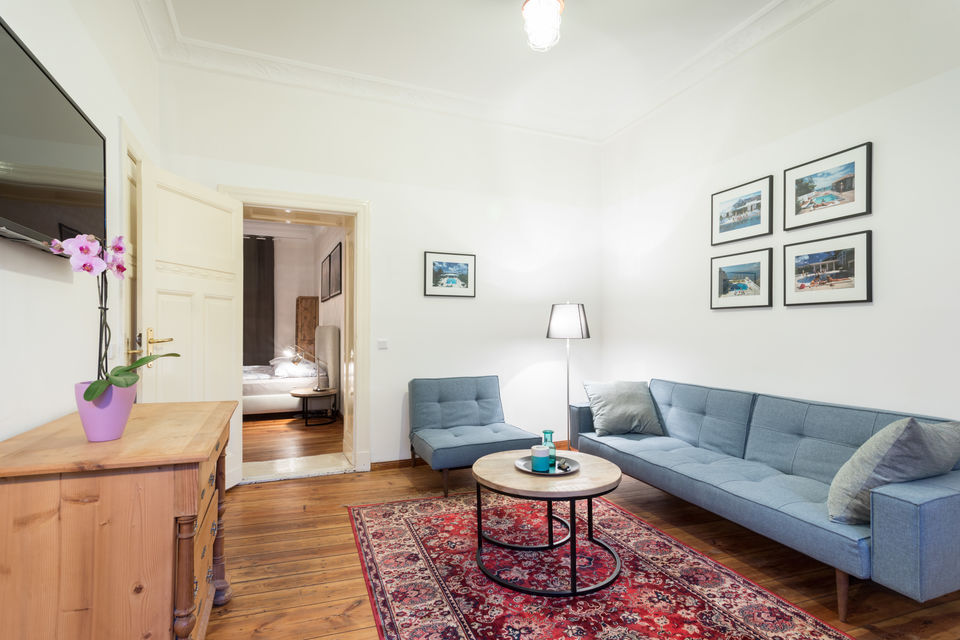 Furnished apartment, living room with parquet flooring in Berlin Friedrichshain
